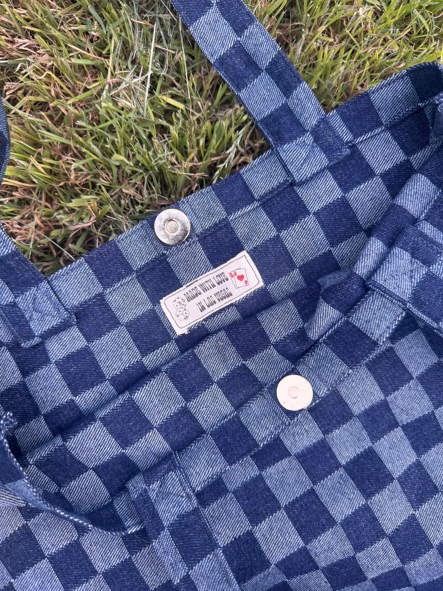 Denim Checkered Tote Bag