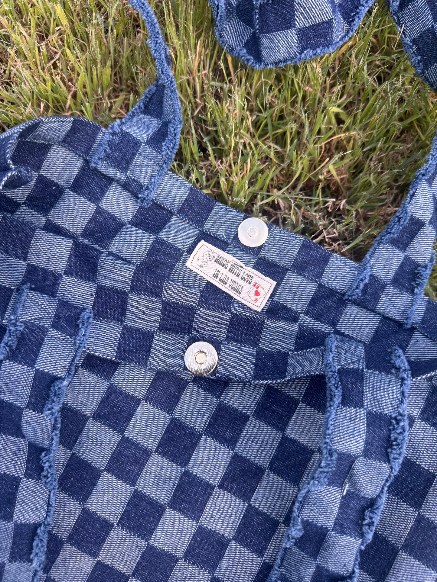 Denim Checkered Tote Bag