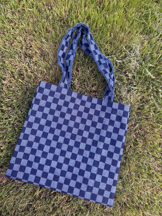 Denim Checkered Tote Bag