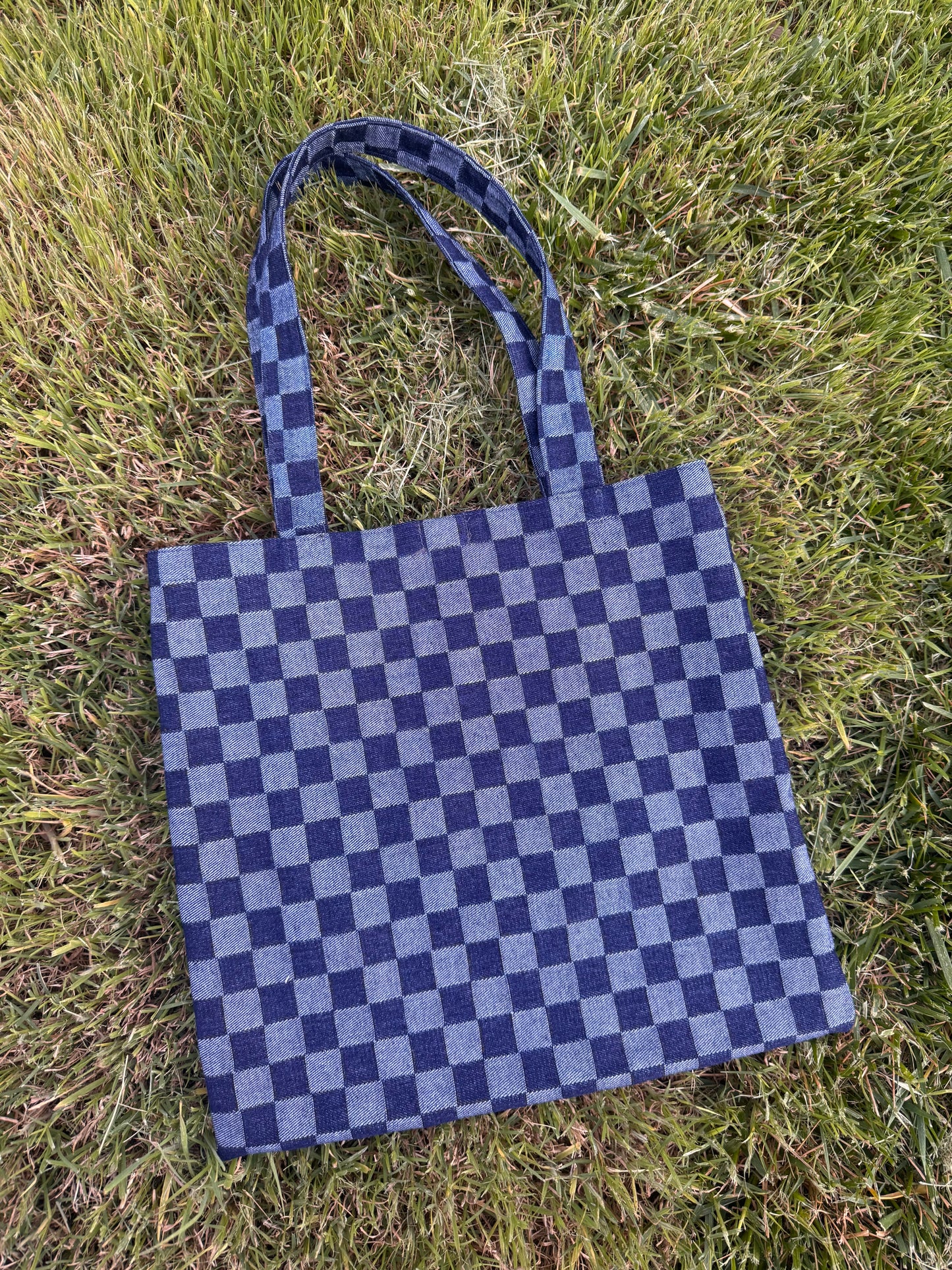 Denim Checkered Tote Bag